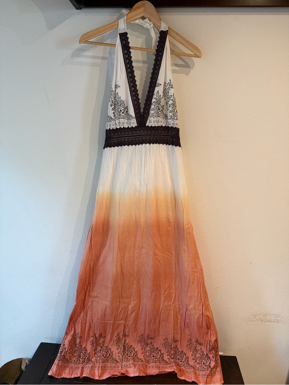 🆕 Chaudry KC Empire Waist Halter Ombre Lace Maxi Dress in Grape & Orange, Size L